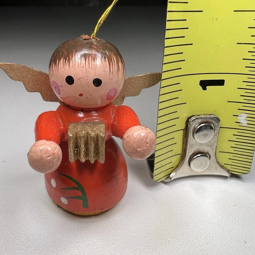 Vintage Erzgebirge Wooden Angel Ornament Germany HandPainted Red Dress Gold Wing